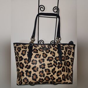 Coach New York Ellis Leopard Animal Printed Coated Leather Canvas Tote Gold